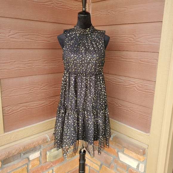 NWT POPSUGAR “Lucky Star” Black Metallic Gold Stars Keyhole Back Dress Medium - Picture 3 of 17